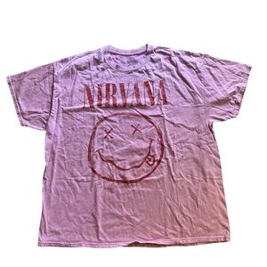 Nirvana Smiley Face Tshirt 2XL XXL Pink Iconic Band Tee Grunge Distressed Ripped